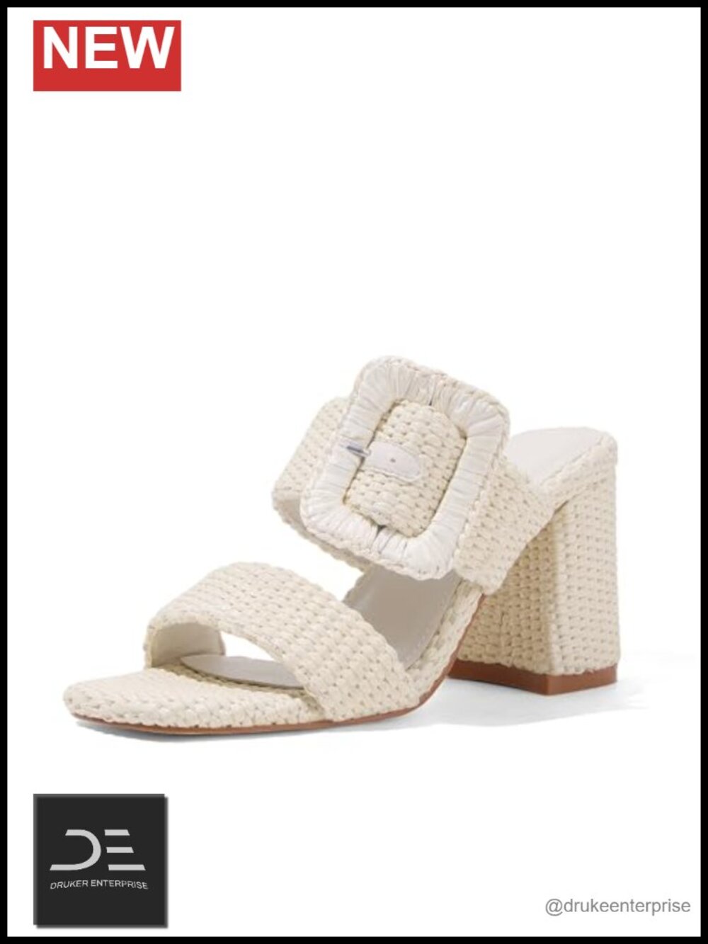 Raffia Heeled Sandals Square Toe Chunky Block Heels Double Strap Slip On Mules